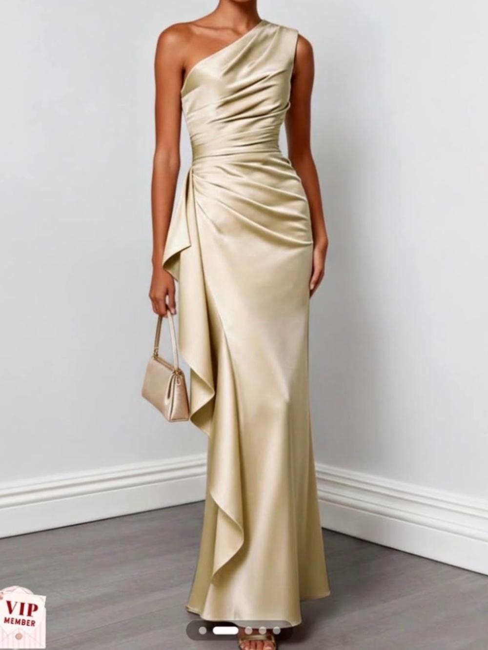 Champagne Ruffled Ruched Satin One Shoulder Sleeveless Sheath Floor-length Gown